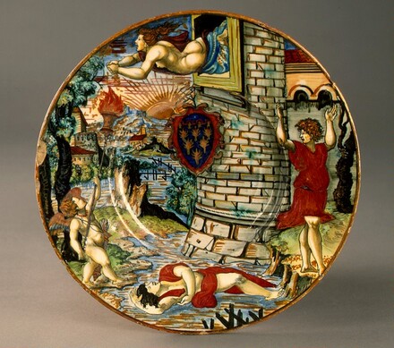 Plate with Hero leaping to her death from her tower and the drowned Leander; in the center, a shield of arms