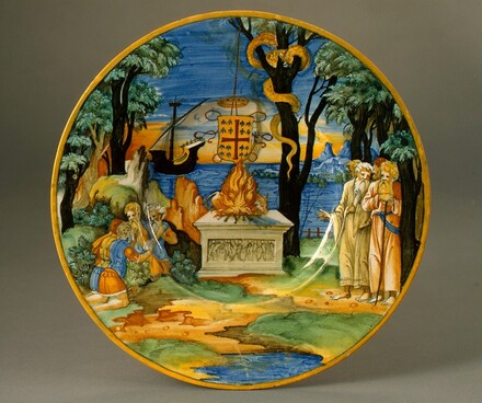 Broad-rimmed bowl with the sacrifice of the Greeks at Aulis and the omen of the serpent devouring nine birds, interpreted by the priest Calchas; arms of Anne de Montmorency