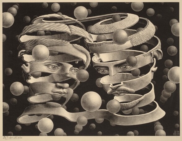 The heads of a man and woman seem to be made from a single strip of paper that forms every other band of their faces in this surreal, horizonal lithograph, printed in tones of gray and black on cream colored paper. The looping paper connects at the tops of the heads and the bottom of the necks, so it seems to be one long strip. The bands overlap at the forehead to connect the two people. The woman is to our left, her wavy hair parted in the middle and pulled back. To our right, the man has a mustache and beard, and short hair. On the bands making up their faces, we see their eyes, the bottom of their noses, and their closed lips. The area inside the spiraling bands is empty, and we look onto the smooth inner surfaces of the strips on the far side of the heads. Dozens of spheres float within, around, and behind the pair against an inky black background. In the bottom right corner of the printed area, block letters “MCE” are conjoined to make a rectangle under the numerals “IV-’56.” The artist signed and numbered the print under the image in the bottom left corner, “MCEscher No. 16/40.”