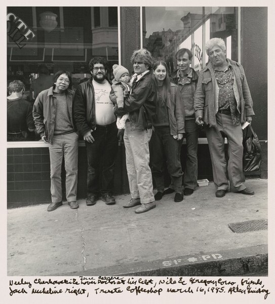 Neeli Cherkovski & Jesse Cabrera lover doctor at his left, Nile & Gregory Corso, friends, Jack Micheline right, Trieste Coffeeshop March 16, 1985.