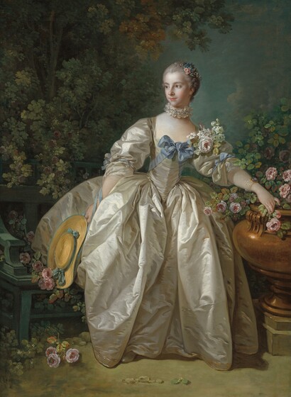 A young woman with light skin stands in a garden, wearing a voluminous, full-length, silvery, shimmering gown in this vertical portrait painting. Her body faces us, as she looks into the distance to our left. She has rosy cheeks, gray-green eyes under gently arched, light brown brows, and her coral-pink, thin, closed lips curve in a slight smile. Her ash-brown hair is pulled back and adorned with tiny shell-pink and azure-blue flowers along the left side top of head, to our right. A pleated lace ruffle encircles her smooth neck. Her gown is parchment white where the light glints off the stiff fabric and is silvery gray in the shadows, creating a silk-like sheen. The dress is cut low across the chest, fits tightly around her narrow waist, and has puffy sleeves tied at the elbows with topaz-blue bows. Another blue bow is tied at her chest, and the ends wrap around her back along her waist. A corsage at her left shoulder, to our right, is a profusion of white flowers around a pale pink rose. In her other hand, to our left, she holds a straw hat with a shallow crown and a wide brim, trimmed with sky-blue ribbon. The arm holding the hat is nearly engulfed in the deep folds of her full skirt. She holds a pink rose in her other hand, which rests on the lip of a shiny, copper-colored urn filled with pink flowers and delicate green leaves. On that wrist she wears a bracelet with four strands of white pearls holding a cameo. She stands on a pale, dirt ground. A teal-blue bench in the lower left corner of the painting is tucked into sage-green shrubbery. Sprigs of pink roses are strewn across the seat and on the ground. The woman is framed to either side with olive and celery-green trees and vegetation, which blend into the hazy distance beyond her head.