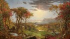 We look out onto a sweeping, panoramic view with trees, their leaves fiery orange and red, framing a view of a distant body of water under a sun-streaked sky in this long, horizontal landscape painting. The horizon comes about halfway up the composition, and is lined with hazy mountains and clouds in the deep distance. Close examination slowly reveals miniscule birds tucked into the crimson-red, golden yellow, and deep, sage-green leaves of the trees to either side of the painting. Closest to us, vine-covered, fallen tree trunks and mossy gray boulders line the bottom edge of the canvas. Beyond a trickling waterfall and small pool near the lower left corner, and tiny within the scale of the landscape, a group of three men and their dogs sit and recline around a blanket and a picnic basket, their rifles leaning against a tree nearby. The land sweeps down to a grassy meadow crossed by a meandering stream that winds into the distance, at the center of the painting. Touches of white and gray represent a flock of grazing sheep in the meadow. A low wooden bridge spans the stream to our right, and a few cows drink from the riverbank. Smoke rises from chimneys in a town lining the riverbank and shoreline beyond, and tiny white sails and steamboats dot the waterway. Light pours onto the scene with rays like a starburst from behind a lavender-gray cloud covering the sun, low in the sky. The artist signed the painting as if he had inscribed the flat top of a rock at the lower center of the landscape with his name, the title of the painting, and date: “Autumn – on the Hudson River, J.F Cropsey, London 1860.”