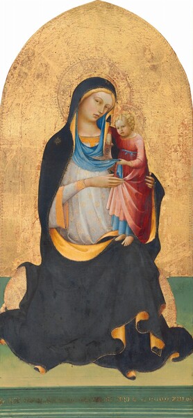 A woman sits and supports a baby standing on her lap, both against a gold background in this arched, vertical painting. The woman and baby’s light skin is shaded with faint green, and they have pale pink cheeks. The woman’s body faces us. She tips her head toward the baby who stands on her knee, to our right. The woman looks at us with light brown eyes under curving brows. She has a long, straight nose, and her small pink lips are closed. Her blond hair is mostly covered by a midnight-blue robe that drapes over her shoulders, across her lap, and pools on the floor. The robe is lined with goldenrod yellow, edged with bright gold, and has gold starburst-like designs on the shoulder we can see and top of the head. The dress she wears underneath has more gold stars creating a pattern across the pearl-white fabric. A sky-blue scarf wraps over her head and loops across her shoulders. The baby holds one end of the scarf, and his other elbow rests on the woman’s shoulder. She props him up with both hands. He has a cap of blond curls and chubby cheeks with delicate features. His geranium-red garment falls over a pale blue skirt that reaches his bare feet. In the hand near the woman’s shoulder, he holds a scroll with the letters “EGO S.”  The floor beneath them is mint green and has gold writing across the front, reading, “AVE.G ANN O.D M.CCCC.XIII.” The woman and baby’s disc-like gold halos blend into the gold background, which is visibly cracked in some areas. The panel comes to a pointed arch at the top.