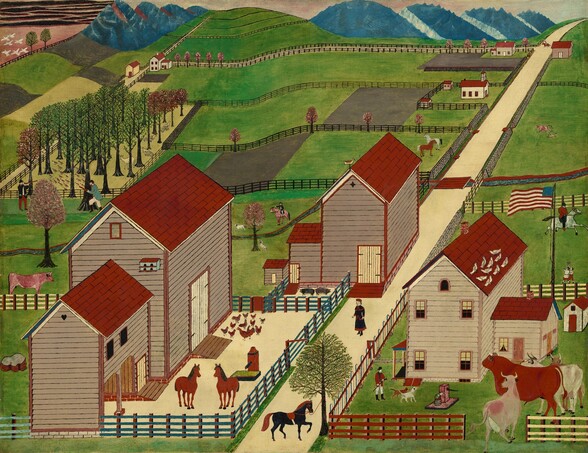 We look down at a cluster of three farm buildings and across grassy fields that stretch into the distance in this horizontal landscape painting. A parchment-yellow road angles from the lower center of the composition into the upper right corner, where it meets the horizon line just below the upper edge of the painting. Closest to us, the buildings flank the road, with two barns to our left and a house to our right. The buildings all have burgundy-red roofs. The barns have brown siding, and the house has paler, tan siding. The buildings are surrounded by blue or red fences. The barns to our left have large doors and two windows are visible on one of the sides facing us. A two-story, turquoise-blue bird house is affixed to the side of the barn closer to us. To our right, the house has windows piercing both levels, and a porch facing the road, to our left. Birds gather on the roof of the house, and an American flag flies beyond the back corner of the house. A black horse and two red horses, four cows and bulls, two dogs, a dozen chickens, and two pigs occupy different areas of the fenced-in spaces around the buildings. A man stands near the dogs next to the house, and a person wearing a red-edged black garment and a red cap stands on the road between the structures. In the fields beyond, people ride horses or hunt, horses graze, and a cow frolics with a dog. More buildings dot the landscape, which is farther divided into plots of land by stone walls, black fences, and more roads. Rows of stylized trees grow in straight lines in a grove to our left. Birds and deer walk or stand among the trees, and two people stand nearby, holding rifles. The slopes of indigo-blue hills rise along the horizon, at the top of the painting.  The sky to the left of blue hills is mauve pink, streaked with black clouds. The rest of the sky is pale shell pink and ivory. Many of the animals and the architectural elements are outlined in black and filled in with flat areas of color. The weave of the window shade on which this is painted is visible in many areas.
