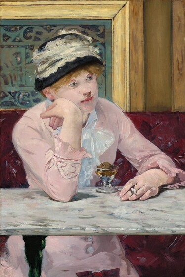 A woman with light skin sits facing us across a marble-topped table in a café in this vertical painting. Her body is angled slightly to our right, and she rests her right elbow, on our left, on the table. She leans her right cheek onto the back of her right hand as she gazes into the distance. She holds a cigarette in her other hand, which rests on the tabletop. Her pale pink dress has long sleeves with ruffles at the cuffs, and buttons down the front of the skirt can be seen under the table. A lace bow or ruffles cascade down at her neck. Straw-colored hair peeks out under a black hat encircled with a wide band of lace. A short, stemmed glass sitting on the table in front of her holds a small, round piece of fruit surrounded by caramel-colored liquid. The white marble tabletop is streaked with gray. The burgundy, patterned banquette she sits on takes up the bottom half of the composition, and wood paneling around a slate-gray metal grate fills the top half. Loose brushstrokes are visible throughout. The artist signed the work as if he had written his name on the surface of the table, near the front edge to our left, 