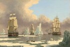 Three, tall sailing ships, each with three masts and full sails, float in calm, arctic waters, surrounded by fragments of icebergs and ice floes amid a smattering of arctic animals, including polar bears, narwhal whales, seals, and birds, in this horizontal landscape painting. The horizon line comes about a quarter of the way up the composition so the sails and rigging of the ships are shown against the sky. The clouds have ivory tops and lavender-purple undersides, and they curve in a C-shaped bank around the clear blue sky at the top right corner. The three ships closest to us are spaced evenly across the composition, with the left-most the closest, and therefore largest. The ship to our right is set a bit farther back, and the center ship is the farthest away. A rowboat holding several men has pulled alongside the boat to our left, and more men haul massive slabs of whale blubber up the side of the ship. More men walk on an ice floe nearby. Close inspection reveals more rowboats around and beyond these ships, and several more ships fading into the hazy distance along the horizon. Jagged edged chunks of icebergs as tall as the ships float around them. Closer to us, a trio of seals sits on an ice floe near the lower center of the composition, and a mother stands nose to nose with her cub to our right. Two narwhal whales with long tusks growing from their noses break the surface of the water between us and the ships, as does a whale’s tail near the boat to our right. Two walruses with long tusks sit on a floe near the center ship. A couple dozen birds, many white with black wing tips, fly low over the surface of the water across the painting. 