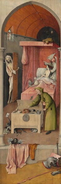 A naked man with ghostly white skin sits upright in a canopied bed set in a narrow room in this tall, vertical painting. Wearing a black cap, he looks to our left in profile toward a skeleton who comes through a door along the left edge of the composition. The man gestures at the skeleton with one hand and, with the other, toward a bag of money held up by a small demon next to the bed to our left. The skeleton wears a white shroud and holds an arrow. A winged angel kneels next to the man in the bed, one hand on the man’s shoulder and the other lifted to gesture at a crucifix hanging in the window over the door. A small devil on the canopy above looks down onto the bed. At the foot of the bed, a man wearing a green robe and headdress drops coins into a sack held by another demon. Three more demons crawl about and hide under the chest. Pieces of armor and weapons lie on the ground to the right in front of a stone ledge in the foreground. Two pieces of clothing drape over the ledge to our left.