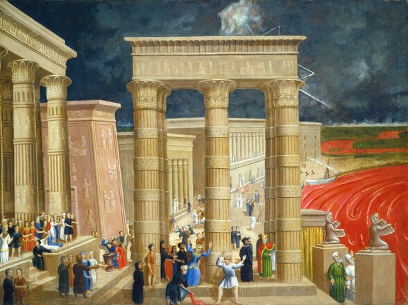 Dozens of light-skinned men and women gather around clusters of columns and sandstone-colored buildings that line a crimson-red river to our right in this horizontal painting. The center of the painting is dominated by a structure made up of three rows of three columns each, which hold up a flat-topped roof. A similar structure angles into the distance along the left edge of the painting. The columns of these two structures are carved with bands showing people separated by rings of vertical lines. The capitals are carved with stylized leaves. Just beyond the columns to our left, a blocky, rose-pink structure is carved with more people, seated or standing singly or in pairs. More rectangular, parchment-brown buildings extend into the distance along the water’s edge. The people gathered along the riverbank wear robes and tunics in deep blue or black, bright white, or saturated tones of cobalt blue, ruby red, or shell pink. Standing within the columns of the central structure, a crowned, bearded man wearing an emerald-green robe under a scarlet-red cloak gestures to our right, toward the red river. A woman nearby, wearing lapis blue and also crowned, watches with hands flung up as a person pours red liquid from a bucket. Most of the other people look or gesture toward the river, which winds in deep S-curves from the horizon line, which comes about two-thirds of the way up the composition, through sage-green fields, to the town. A single, white lightning bolt zigzags down from a white cloud in an otherwise navy-blue sky above.