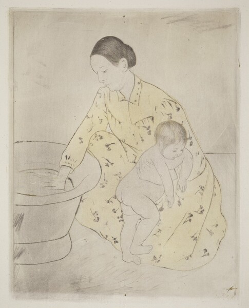 A woman kneels to test the water in a freestanding bathtub with one hand as she braces a nude child against her knee with the other in this vertical, colored print. The people and objects are outlined lightly with black, and both the woman and baby’s hair are incised with delicate black lines. The woman’s hair is pulled back from a high forehead, and she has a straight nose, pursed lips, and a slight double chin. Her long-sleeved, floor-length dress has a narrow collar and is pleated across the chest and at the cuff we can see. The dress is filled in with a field of light yellow and patterned with a floral design. The baby turns toward the woman’s body and hangs their arms over her bracing hand. The baby has short, wispy, black hair with delicate facial features, a rotund belly, and satisfyingly pudgy rolls on the legs. There are some smudges across the paper, especially at the edges.