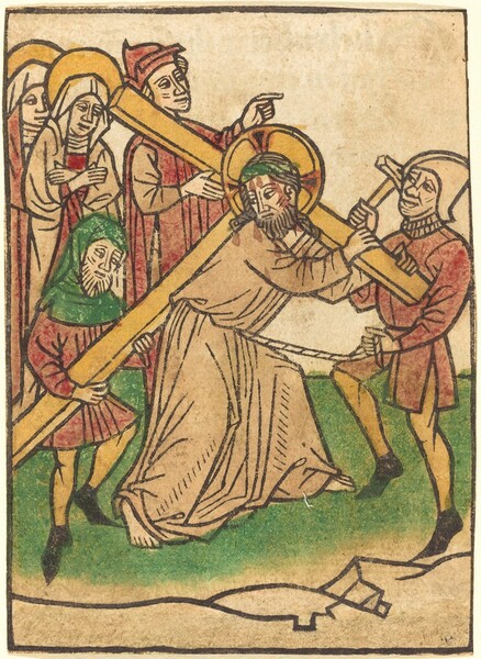 This woodblock print showing a man carrying a T-shaped cross surrounded by five other people is created with thick black outlines, which are colored in with washes of red, tan, green, and yellow. Some unpainted areas of the paper remain white, including the faces and hands of the people. At the center of the composition, the man carrying the cross, Christ, is shown bearded and wearing a long tan robe. He bends over facing our right as he carries the cross across his shoulders and along his back. A green band encircles his head and a yellow halo with three red points surrounds his head. Faint red drops trickle down his face. He looks back to our left towards a person supporting the long end of the cross. That bearded person wears a green cowl over his head and shoulders, a red tunic, yellow stockings, and black shoes. A man wearing a helmet and carrying a hammer pulls a rope tied around Christ’s waist. Another man behind Christ to our left wears a red robe and cap, and points to our right. Two haloed women with white cloths covering their heads and red and white garments follow the cross to our left.
