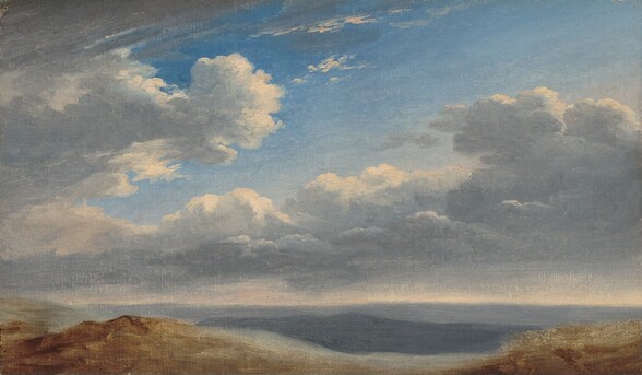 A sliver of land across the bottom of this composition gives way to a procession of puffy gray and white clouds sweeping up across a vivid blue, panoramic sky in this horizontal landscape painting. An area of darker gray beyond the brown land could be a valley, mountain, or shadows from the billowing clouds. About one-fifth of the way up the composition, the horizon glows the faintest peach. The clouds trundle from our left up and to our right. The view is loosely painted, especially in the land.