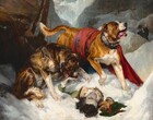 Two large dogs approach a man lying unconscious and mostly buried in the snow in this horizontal painting. The head of the man lies towards us, at the lower center of the composition, and the dogs seem close to us. In the center of the painting is a large tan and white dog with short glossy fur and floppy ears, its jowly mouth hanging open and pink tongue visible. It paws at the snow partially covering most of the body of a man wearing an olive-green coat with a fur collar and white shirt, directly beneath the dog. The dog looks up toward our right, and its body and white tipped tail recede diagonally into the picture toward the left. There is a red blanket with black edging thrown over the dog’s back and the hound wears a wide, fur-lined silver collar ornamented with metalwork lions and bells. The second dog, a dark brown brindle color, sits to the immediate left of the first dog. It gazes downward toward the center at the prone person and bends its head down to lick a bare pale, pink hand that protrudes from underneath the snow. The brindle dog wears a small barrel around its neck on a brown buckled leather collar. The man’s dark brown hair falls over the snow. His pale grey face is upward, and his shoulders are visible while his arms splay out, and the rest of his body, extending into the picture, is snow covered. The man’s eyes are closed. His right hand (on our right also), with a tan leather glove, reaches out toward us from the snow, while a green velvet cap with a red ribbon lies underneath the hand. The scene is enclosed by large, angular steel and blue-grey boulders and rock formations, with two craggy pine trees above. Beyond lies a mountain landscape with a V-shaped pass at the center top framed by the steep ascent of jagged, snowy hillsides and a sliver of blue sky at the very top. At the right in the middle distance, three bearded men wearing black caps and what appear to be clerical robes hurry toward the dogs. The nearest of the clerics holds up a staff with a cross on the top and facing toward the left side of the painting, waves or signals to someone beyond view. 