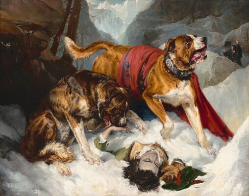 Two large dogs approach a man lying unconscious and mostly buried in the snow in this horizontal painting. The head of the man comes toward us, at the lower center of the composition, and the dogs are close to us. In the center of the painting, a large tan and white dog has short, glossy fur and floppy ears, and its jowly mouth hangs open with the pink tongue visible. It paws at the snow partially covering most of the body of the man, who wears an olive-green coat with a fur collar and white shirt. The dog looks up to our right, and its body and white-tipped tail recede diagonally into the picture to the left. There is a red blanket with black edging over the dog’s back, and the hound wears a wide, fur-lined silver collar ornamented with metalwork lions and bells. The second dog, a dark brown brindle color, sits to the immediate left of the first dog. It gazes down at the prone person and bends its head down to lick a bare pale, pink hand that protrudes from under the snow. The brindle dog wears a small barrel around its neck on a brown buckled leather collar. The man’s dark brown hair falls over the snow. His pale gray face is upward, and his shoulders are visible while his arms splay out, and the rest of his body, extending into the picture, is covered with snow. The man’s eyes are closed. His right hand, in a tan leather glove, reaches toward us from the snow, while a green velvet cap with a red ribbon lies under the hand. The scene is enclosed by large, angular, steel and blue-gray boulders and rock formations, with two craggy pine trees above. Beyond lies a mountain landscape with a V-shaped pass at the center top framed by the steep ascent of jagged, snowy hillsides and a sliver of blue sky. A blocky stone building is nestled in among the crags to our right. On a path leading from the building, three bearded men wearing black caps and robes hurry toward the dogs. The nearest of them holds up a staff with a cross on the top and waves or signals to the men farther back along the path.