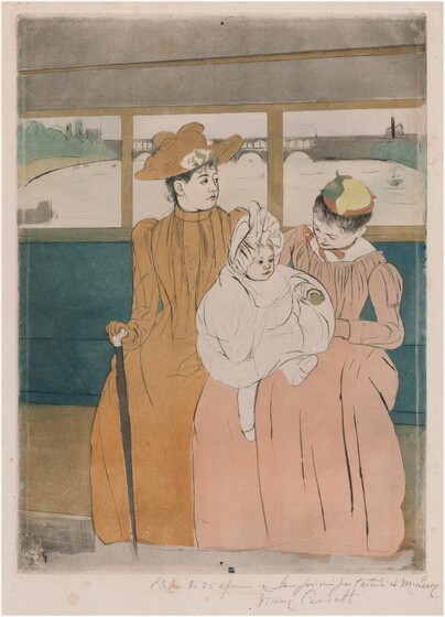 Two women, one holding a baby on her lap, sit on the long bench seat of an omnibus in this vertical, colored print. The women and their full skirts take up almost the width of the composition against the peacock-blue bench, which extends off both sides. The women and baby’s skin are the color of the cream-white paper. The woman to our left wears a tan-colored, high-collared dress, gloves, and hat. She looks off to our right, almost in profile. She has a round face and the hint of a double chin. One gloved hand rests on a cane. The other woman holds the baby and tips her head down toward the child. That second woman wears a tea rose-pink dress and a hat with areas of darker pink, fern green, and straw yellow. Both women’s black hair is pulled up under their hats. The baby’s ruffled white bonnet, blousy garment, stockings, and shoes are also the white of the paper, though the hair is picked out with yellow, the lips with pink, and the ball held in one hand with brown. The structure of the women’s bodices, puffy long sleeves, and long skirts as well as the baby’s clothing are outlined in black. A row of windows behind them, parallel to the top of the bench, open onto an arched bridge spanning a river with boats. To our left, the sandy water’s edge is lined with spruce green trees. Back inside, the panel behind the women’s legs is peanut brown, and the top of the omnibus is muted mauve purple. A mark with an oval, or a mirrored C, over an uppercase M, is stamped in royal blue at the bottom center of the print. The sheet is inscribed with graphite across the right half of the bottom margin. Text reads, “Edition de 25 épreuves Imprimée par l’artiste et M. Leroy Mary Cassatt.