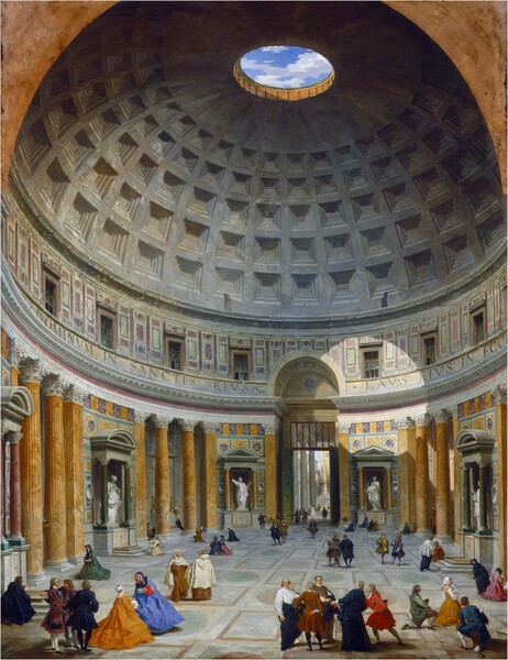 Dozens of men and women wander through a tall interior space lined with statues and columns and topped by a soaring domed roof in this vertical painting. The people are small in scale within the cavernous space. The women wear long, full dresses and the men wear knee-length waistcoats and stockings in shades of dark blue, crimson red, pine green, marigold orange, or brown. Three people wear clothing of the clergy: two of them, on our left, wear long, ginger-brown robes under white mantles, and a third person on our right wears a hip-length, diaphanous white cape over a long dark blue robe. The crowd strolls, kneels, converses, or leans back to look up at the high ceiling overhead, which has a round opening at its apex. A glimpse white of azure-blue sky with white clouds is visible through the opening. The interior is divided into three levels. The ground level has five niches lining the walls, each with a white stone statue of a man or woman standing inside. Each statue is at least three times the height of the people in the space below. The three niches closest to us on our left and right have semicircular pediments with garnet-red or moss-green columns flanking the statues. Two niches at the far end have triangular pediments and honey-gold columns. Each niche sits on a wide base, presumably an altar, and is surrounded by marbled gold and purple panels set against a sage-green background. Sets of three honey-gold columns line the wall between each niche. Oversized, copper-green double doors are swung inward at the far side of the space. More people, a sunlit obelisk, blue sky, and slivers of other buildings are visible through the doorway. The second level of the interior has windows spaced across walls otherwise covered with white, blue, and mauve-pink panels. An inscription running around the building between the first and second level reads, “DOMINVM IN SANCTIS EIVS LAVS EIVS IN ECCLE.” The third level is the domed pewter-gray ceiling with coffers, like inwardly stepped panels. The floor is patterned with alternating circles and rectangles in sage green or light brown.