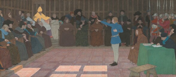 A young blond person stands in the center of a dimly lit room facing dozens of men in this horizontal painting. The people all have pale skin, though many are in shadow. The central person, Joan of Arc, stands in profile facing our left. She clutches one hand at her chest and the other extends in front of her, fingers arcing up. She has chin-length hair and bangs. Her brow is furrowed and her lips parted. She wears a lapis-blue, high-necked tunic over smoke-gray stockings and pointed black shoes. A metal band encircles her waist and a chain and manacle hang from one of two rings there. The chamber is lined with two rows of seats that extend along the short side to our left and the long wall across from us. A man wearing a white robe and a burnished gold mitre hat and cloak sits in the corner, both arms resting on a high throne. The other men wear clergy’s brown or black and white robes or long garments in slate blue, olive green, tawny brown, charcoal gray, and silvery white. Most wear hats. Four more men sit around a table covered in a grass-green cloth behind Joan, to our right. One man looks down at and writes on a sheet of paper. About half a dozen soldiers wearing silvery helmets and holding spear-topped halberds cluster in the back right corner, beyond the table. A wood stepstool sits closer to us, in front of the table, in the lower right corner. The walls of the chamber are paneled in a rectangular grid of light brown planks over darker wood, and the floor is tiled with small pink rectangles. The artist has signed in the lower right, “M. Boutet de Monvel.”