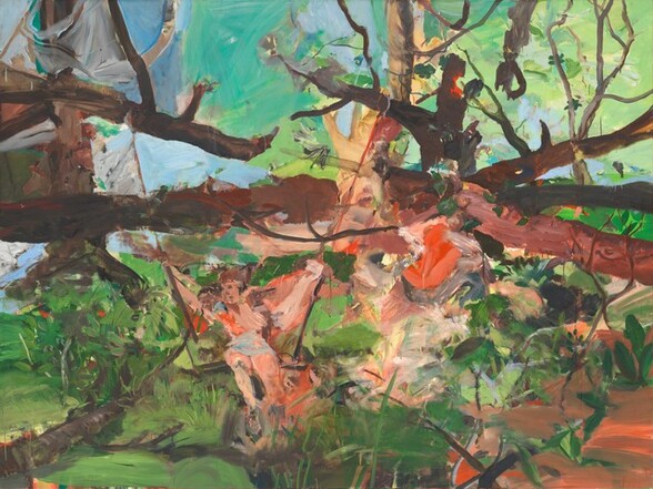 A person with peach-colored skin sits on a swing, holding onto the ropes, in a forest setting in this loosely painted horizontal work. Diagonal slashes of brown suggest tree trunks with branches creating a shallow X across the picture. The swing hangs from the two topmost trunks, just to our left of center. Beyond the trees, the upper left quadrant is painted with broad strokes of pale blue; the upper right with cool, mint green. In the lower left a tree trunk lies along a grassy ground with plants growing around it, painted with dashes of vivid green and red. The lower right has some strokes of terracotta orange. An area to our right of the person and swing is painted with smears of brown, peach, red, gray, and white, and is difficult to make out.