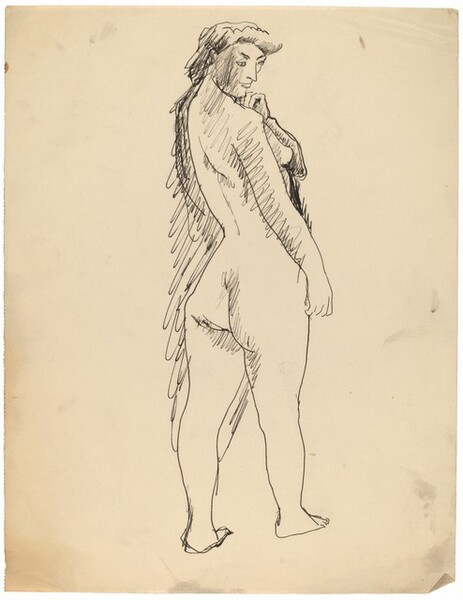Standing Female Nude Seen from Behind in Three-Quarters View, Left Hand at Chin