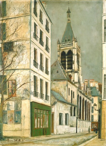 We look along a street lined with cool white and cream-yellow buildings and a tall church steeple in this vertical painting. A four-story building stands closest to us, filling the left side and reaching off the top edge. The ground floor is painted shamrock green, and the three windows on the floors above have low black railings. The side of the building facing us is tinged with butter yellow. A few olive-green shutters line the left edge, and several colorful rectangles on its first two floors suggest posters. The building faces a sliver of an equally tall building on our right. Two delicate streetlights stand on either side of the street, which angles sharply into the distance to our right. The rest of the buildings along it are different heights with copper or sage-green roofs. The church is the third building down from us, and it takes up most of the rest of the block. Tall, pointed, arched windows painted in black and brown line its side. More dark windows pierce the steeple, which rises against the muted laurel-green sky. A handful of people stand near a tall building on the corner beyond the church, and wide chimneys studded with coral-colored chimney pots rise in the distance. The artist signed the lower left, “Maurice Utrillo. V.”