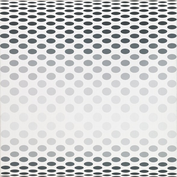 Circles are arranged in offset rows against a white background on this square canvas. Full round circles are pale gray across the center, and the shapes gradually darken as they flatten into ovals that become more elongated as they near the top and bottom edges. This creates the visual impression that the center bulges out at the viewer and curves away at the top and bottom.