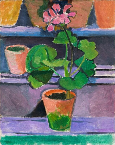 A geranium with bubblegum-pink blossoms sits in a terracotta pot on a ledge in front of two shelves in this stylized, vertical still life painting. The orange terracotta pot has patches of vibrant spring green around its base. The rounded leaves of the plant and petals of the blossom are outlined in black and filled in with areas of parakeet and moss green for the leaves and pink for the petals. The pot sits on a vibrant, lavender-purple ledge, and two more shelves are stacked behind it. A single terracotta pot sits to our left behind the plant on the lower shelf, and four pots are lined up on the shelf above, cut off by the top edge of the canvas. Brushstrokes are visible throughout. A turquoise strip runs along the bottom edge of the composition, and the artist signed the lower right corner, “Henri Matisse.”