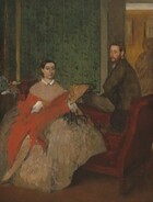 A man and woman, both with pale, peachy skin, sit on opposite sides of a burgundy-red, low-backed sofa in a room wallpapered with a striped, floral pattern in this vertical painting. To our left, the woman sits with her body facing us, and she looks at us with dark eyes under dark, arched brows. She has an oval face, a straight nose, and her coral-pink lips are closed. The woman’s dark brown hair is parted down the middle, and smoothed and pulled back to the base of her head. Her pinkish-tan dress has a narrow white collar and a full, billowing skirt. A loosely painted, crimson-red shawl wraps around her torso and is pulled over white, puffy sleeves. Also loosely painted, a shell-shaped, tan object to our right could be a fan held in her left hand. To our right and on the far side of the piece of furniture, the man sits on the low back of the chaise-longue, his left knee bent so that thigh, closer to us, rests along the back of the sofa. He turns his face to look at us from the corners of his eyes. He has a rounded nose, and his full, pink lips are closed. He has an auburn-brown beard and his short hair is tousled. He wears a brown coat and charcoal-gray slacks. He rests the hand closer to us against his hip so his elbow juts toward us. To either side of the people and nearly spanning the width of the painting, the arms of the chaise curve upward to about the height of the woman’s shoulders. A loosely painted, ball-like form next to the left arm of the chaise could be a hat or other object on a side table. The wall behind the people extends from the left edge of the painting to just behind the man, and is patterned with evergreen-colored dots to create floral patterns along vertical beige-colored stripes, all against a moss-green background. A golden yellow, vertical line near the left edge of the painting may be the frame of a mirror or painting. Beyond the man, to our right, a doorway opens to another room with mustard-yellow walls with white molding along the ceiling. A ghostly outline in ash-gray suggests a woman wearing a full skirt, long sleeved jacket, and hat in the room beyond. The paint in some areas is thinly applied or scraped away, especially in the people’s clothing.