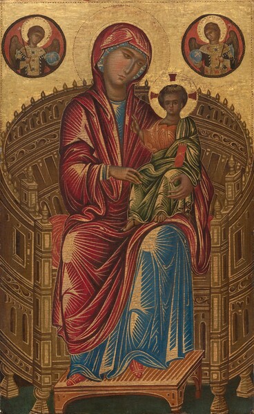 A woman and child sit on an ornate gold, curving throne in front of a shimmering gold background in this vertical painting. Two winged angels in roundels at the upper corners and the woman and child all have peach-colored skin with a gray cast. The woman tips her head toward the child, to our right. She has almond-shaped eyes, a long, straight nose, and her small lips are closed. She looks into the distance over the child’s head. She wears a scarlet-red mantle that covers her head and drapes over her shoulders and body. The azure-blue of her dress beneath is visible at her throat and over one knee. The child sitting on her knee is as tall as a toddler but has adult proportions in his face and body. He holds up his right hand, on our left, and raises the first two fingers. He holds a red scroll in his other hand. He wears a forest-green robe over a salmon-pink garment. The clothing of both the woman and child have geometric gold lines indicating folds in the drapery, and both have gold halos. The child’s halo is marked with three red arms to create a cross above and to the sides of his head. The woman rests her feet on a low stool in front of the opening of the elaborately carved, two-tier throne that nearly encircles the pair. The winged angels in the upper corners have gold halos, brown hair, jeweled, gold garments, and each holds an orb and scepter.