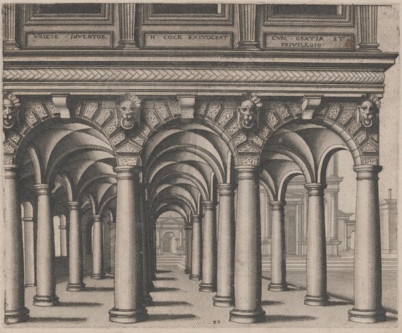 Open Hall Supported by Tuscan Columns with a Town Square on the Right