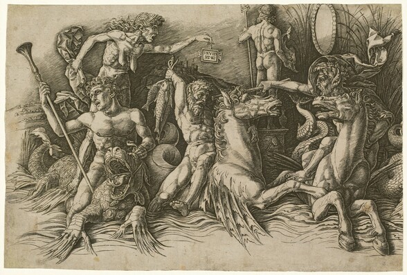 Printed with black ink on light tan paper, this horizontal engraving shows a tight group of three muscular men riding imaginary creatures and an old woman standing behind them to our left, all with mouths dropped wide open. The men are spaced evenly across the picture, and they and the woman are all nude. The man on our left faces us and rides a scale-covered creature. The animal has a fish tail at the back and long talons at the front. The dragon-like mouth gapes open, and a forked tongue flicks out over sharp teeth. The rider holds the reins of the snarling creature in one hand and holds a tall staff in the other. The old woman stands behind him with one foot on the creature’s back. Her other leg is hidden by that man’s body. The woman’s long hair flows back from her wrinkled face, and her long, thin breasts droop off her emaciated body. Her jaw drops open, and her gaunt cheeks are hollow. She holds a fluttering cloak in her right hand, closer to us, and in the other, she holds out a sign about the size of a postcard that reads “INVID.” The sign hangs from a ribbon over the head of the man in the middle who engages with the third man to the right. They both ride animals with horses’ bodies and coiling serpents’ tails. The men and steeds face each other, also with mouths wide open and teeth bared. The man in the center holds a bunch of fish up behind his head in one hand. The third man’s cloak swirls behind his head as he lunges forward, thrusting a rod at the man in the middle. The hair, beards, and ears of these two men are formed by leaves. Beyond these two stands a sculpture of a naked man seen from the back. His head is turned to our left to look at the trident he holds in that hand, while the other cradles what appears to be a small dolphin. He stands on a tall base and an oval frame, perhaps a mirror, hangs on the wall opposite him among a bank of reeds. The ground around and under the animals is made of wavy lines to suggest water. A hill to our left and buildings atop a mountain at the center are far in the distance and deep in shadow. The artist used dense areas of thin black lines to build the shadows in the background and on the people and creatures.