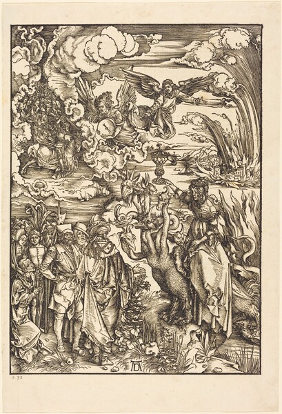 Created with black lines printed on cream-white paper, a dense crowd of men and women gathers to our left facing a woman riding a dragon-like creature with seven heads to our right, while angels fly overhead in this vertical woodcut. To our right, the woman rides the creature side-saddle, with both legs facing us, but she turns her torso to face the crowd to our left. She holds up a tall, ornate, lidded chalice with her right hand, farther from us, and her other hand rests in her lap. The woman has delicate features, seen almost in profile, and ringlets frame her face. The rest of her hair is pulled up under a jeweled crown, and she wears a pearl necklace. Her bodice is belted at the waist before falling past her feet. Her sleeves are off the shoulder and come to her elbows, and ornaments there could be jewels and more pearls. The creature she rides has talons for the front and back legs, with a plume of feathers and a tapering, snake-like tail at the back. Wings at the beast’s shoulders might be folded under the woman. Each of the seven faces of the creature has a long, serpentine neck with the head of a different animal with horns added, including a goat, bird, camel, and other imaginary animals. To our left, the group is made up of six men and one woman, with the tops of about a dozen hats indicating a crowd beyond. One man stands with his back to us, wearing a turban, a long, fur-lined cloak, and chains and jewels around his neck. Facing us, another man is cleanshaven with a double chin, and he wears a hat cocked to one side. Others wear a long floppy cap, a feathered cap, or monk’s robes. Densely packed slivers of faces and hats are jumbled together beyond, and the spiked blade of a halberd rises above the crowd. The group and creature seem to stand near the edge of a body of water, with plants and rocks scattered around their feet. The water stretches into the distance beyond the creature to a town being consumed by flames, to our right. Two masted ships and a rowboat float in the water near the shoreline, which leads back to distant mountains. Two winged angels with flowing, curly hair appear within coiling, twisting clouds in the sky above. One gestures toward the scene below with arms spread wide and the other holds a disk-like millstone. Also in the sky, to our left and smaller in scale, an armored man riding a horse raises a sword high overhead. Dozens of faces create a second crowd disappearing into the cloud banks beyond the rider. The artist signed the work with a D tucked into the legs of an A at the lower center.
