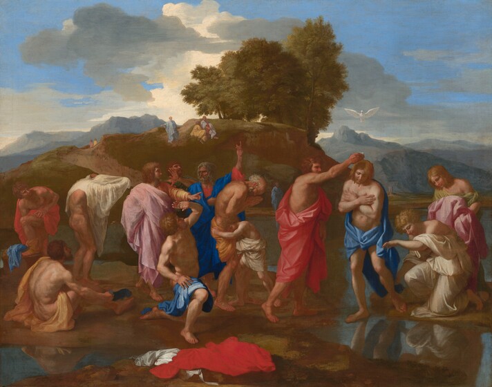 Twelve people and one child stand, sit, or kneel along a riverbank in this horizontal painting. All the people have pale or tanned skin, and are muscular. They are in various stages of undress, wearing robes of golden yellow, ruby red, petal pink, azure blue, or cream white. To our right of center, a man, Jesus, stands facing us with his arms crossed over his chest. He wears a blue robe wrapped loosely across his shoulders and across his hips. He looks down, his blond hair falling alongside his face, as another man, wearing red, pours water from a shallow dish onto his head. A white dove flies with wings spread overhead. To our right of Jesus, one kneeling person wearing white holds up Jesus’s blue robes and another looks on, wearing a sage green robe and holding a voluminous rose-pink cloth. To our left, a group of five men react by throwing up hands, pointing upward, or looking up. One man with a gray beard and hair stands and bows his head over praying hands. A young boy wraps the arm we can see across the praying man's hips. Three more men to the left of this group pause as they undress to look toward Jesus. All the men stand or sit among puddles as a river spans the width of the painting behind the group and winds into the distance to our right. At the center of the composition, three men stand or recline on a grassy mound on the far side of the river. Tucked under trees at the peak of the mound, a smudge of white could be another kneeling person. Two more people walk along a path that crests the mound to our left. Mountains in the distance are slate blue beneath a vivid blue sky streaked with white clouds.