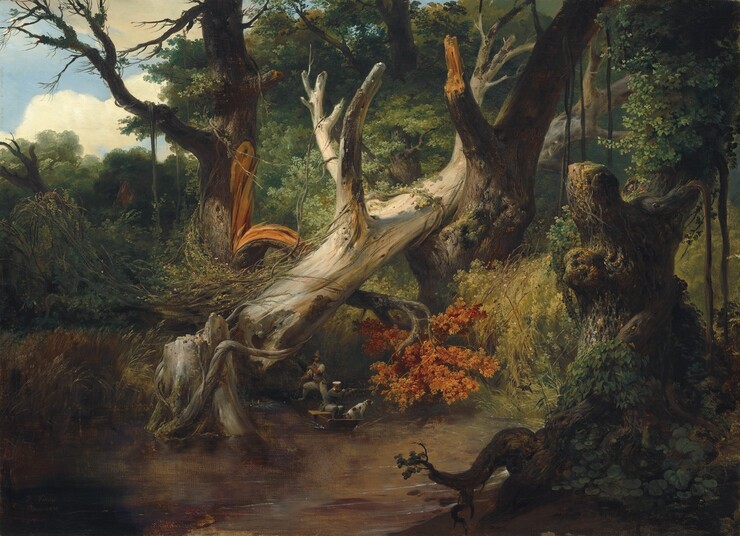 A leafless, ash-white tree trunk has fallen from a broken stump into the wide V of a neighboring tree at the edge of a body of water near a verdant forest in this horizontal landscape painting. The fallen trunk creates a diagonal from near the lower left corner to the upper right. As it fell, it sheared off a substantial branch from a neighboring tree with a dark trunk. The bark where the damaged branch has pulled away is honey-orange, the same color as the leaves at the canopy, which has been pinned under the fallen trunk. Trees, vines, and other vegetation fill the space around and beyond this pair. In the lower right corner of the painting, vines grow over a broken stump, which deep in shadow. Between the stump and fallen tree, the peanut-brown surface of the water is smooth. Tiny in scale beneath the fallen tree and easily overlooked, there are two men and a dog in a boat. One man stands at the back of the boat and pushes it along with a long pole. He wears a tall, brown, cloth hat, a white shirt rolled up to the elbows under a blue vest, and loose-fitting pants. A second man wears a flat-topped, white hat with a black brim, a long, forest-green jacket, and tight-fitting slate-blue pants. He braces a rifle against one shoulder and shoots into the forest. The dog is white with brown spots, and it stands with its front paws on the edge of the boat, presumably ready to spring after the target. A patch of blue sky with puffy white clouds is seen above the trees in the upper left corner. The artist signed and dated the work in the lower right corner: “H. Vernet Rome 1833.”
