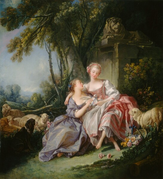 Two pale-skinned women sit together surrounded by five sheep and a dog in a lush forest in this vertical painting. The woman to our right sits slightly above the other, with her arm draped around the shoulders of her companion. The woman to our right wears a low-cut, rose-pink dress with a full skirt and voluminous, gossamer sleeves. The curls of her vanilla-blonde hair are pulled back behind a headband adorned over one ear with three large, pink flowers and smaller yellow and blue flowers. She tips her head to our right as she gazes down to her left at her friend. She has blue eyes, flushed cheeks, a delicate nose, and her grapefruit-pink lips curl in a gentle smile. She crosses one knee over the other and leans toward the other woman. Tucked into her side, the second woman looks up at the first in profile facing our right. Her low-cut, lavender-purple dress has a gold shimmer that suggests silk. Her fawn-brown curls are pulled back and decorated with small sea-blue flowers. One toe peeks out from her long skirt, and both women are barefoot. The woman in purple holds a white dove on her friend’s lap, and the woman in pink holds a small envelope closed with a shell-pink seal next to the bird. The dove’s wings are slightly outspread, and a robin’s egg-blue ribbon is tied around its neck. Just behind the pair, a towering tree with a silvery, ash-brown trunk grows up and off the top edge of the painting. It angles to our left and green leaves and growth hangs down into the picture. To our right of the tree, a rectangular sand-brown stone structure is topped with a male lion carved from the same stone, near the upper right corner. The ground beneath the women is covered with moss-green growth and the space around them filled with verdant bushes and plants. A single, cream-colored sheep stands to our right, facing the women, near a basket of flowers near the lower right corner. Four more sheep stand and lie together beyond the women to our left, while a black-bodied hound with a white muzzle sits attentively watching the women. A pile of broken branches, perhaps forming a fence, lies behind the sheep. Grassy hills and trees become hazy in the distance beyond, and the sky above is slate blue with a few white and pale pink clouds. The upper and lower right corners and the lower left corner are deep in shade, contrasting sharply with the glowing skin and clothing of the women. The artist signed and dated the painting as if he had inscribed the stone in the shadow just below the lion, “f. Boucher 1750.”