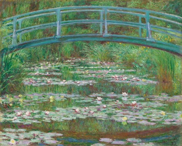 A pale turquoise footbridge arching over a pond lined with tall grasses and filled with petal-pink and butter-yellow waterlilies spans this horizontal landscape painting. The scene is loosely painted with touches of vibrant color. In the top third of the composition, the shallowly arched bridge nearly touches the top edge of the canvas, and it extends off each side. The shadows on the bridge are painted with eggplant purple. Bands of waterlilies gently zigzag into the distance on the surface of the water. The spring and emerald-green grasses growing along the banks fill the space around and over the pond, and they blend into a screen of trees beyond that enclose the scene. The green of the grasses and trees is reflected in the surface of the water, as is the underside of the bridge. The artist signed and dated the work with dark paint in the lower right corner: “Claude Monet 99.”