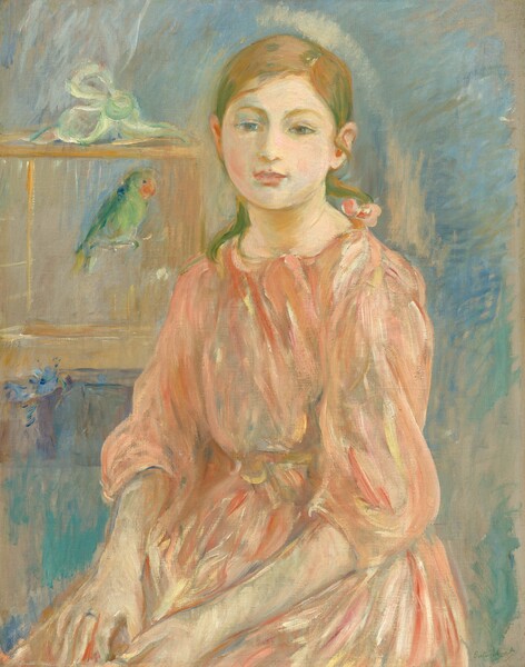 Shown from the knees up, a young girl with pale skin, wearing a coral-peach dress, sits facing and looking at us in this loosely painted, vertical portrait. Her knees are angled slightly to our left, and her hands rest in her lap. She has a round face and smooth, lightly flushed cheeks. She has brown eyes under arched brows, a delicate, snub nose, and her rose-pink lips are closed. Her hair, which is painted with broad strokes of caramel brown and moss green, is parted on one side and pulled smoothly back, presumably tied behind her head. Tendrils fall over her shoulders. Her dress is gathered around her neck and tied with a bow at the back. The loose sleeves fall to just below her elbows, and the dress is belted around the waist. A curving swipe of canary-yellow paint could be a buckle at the front. The fabric of the dress is painted with long, visible strokes of shell and rose pink, butter yellow, and ivory white, and a few touches of sage green and periwinkle blue for shadows. She wears a ring on the middle finger of her right hand. The space around her is loosely painted with strokes of electric and cobalt blue, with unpainted canvas visible at some of the edges. To our left, over the girl