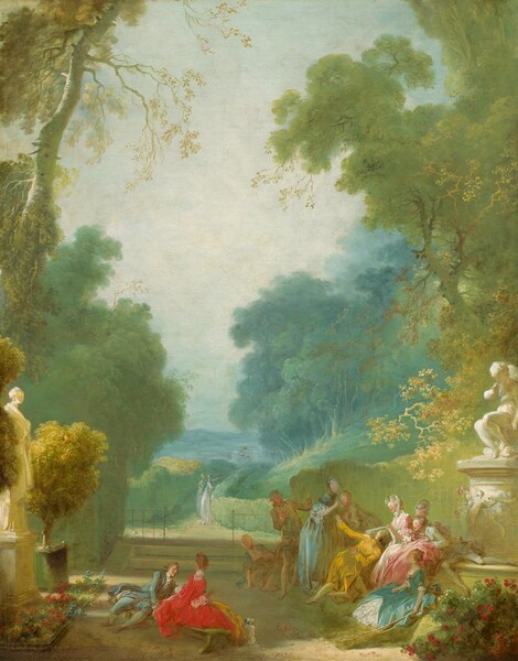 Towering, pale, celery-green trees frame a view of a lush park with about a dozen elegantly dressed, light-skinned men and women in this vertical landscape painting. The color palette is dominated by moss and lemon-lime green, golden yellow, and spruce blue. The men all wear jackets with long tails over knee-breeches, and their long hair is pulled back at the napes of their necks. The women wear long dresses with full skirts and hints of lace at the sleeves and bust, and their brown or white hair is pulled up. Nine of the men and women gather to our right on a stone terrace along the bottom edge of the painting. A man in butter yellow kneels in front of a woman wearing rose pink. Around this pair, people stand, kneel, sit, or recline wearing aquamarine blue, light turquoise, or ivory white. A man and woman sit on a bench to our left, a little removed from the larger group. This woman wears ruby red and the man leaning toward her wears topaz blue. Two people in the park beyond these groups are painted with only a few strokes of pale blue and white paint, and they look over a low hedge row lining the walking path. Beds of red flowers fill the lower corners of the composition in front of a statue of a woman to our left and a person, perhaps on a fountain, to our right. The grassy walking path and trees become more blue as they fade into the hazy distance between the tall tress to either side. The sky fades from pale blue along the horizon to a silvery blue, almost white, at the top.