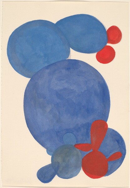 Blue circles and round red shapes against a cream-colored background create a sinuous curve in this abstract, vertical watercolor on paper. The largest blue circle is at the center of the composition. Two smaller, round blue forms above and one smaller blue circle below together make a curving row like an S. A pair of red circles is placed at the top end of the S at the upper right, almost like mouse ears. Two trios of shapes, one all blue and one all red, are placed at the foot of the caterpillar-like form near the bottom of the sheet.