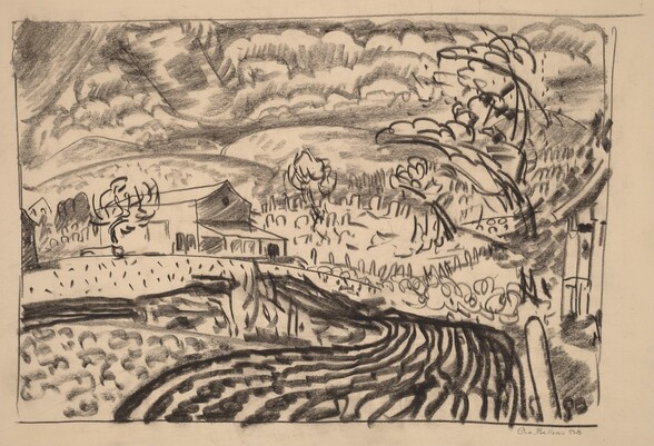 Drawn with black crayon on tan-colored paper, a winding road weaves past fields, trees, and a few houses in this horizontal landscape. The road is created with dark, wavy lines that run almost parallel to each other. The road nearly spans the lower edge of the composition, and it curves into the distance. Vegetation to either side is indicated with bouncing squiggles or flicks of the crayon. One house edges into the picture from the right and another is at the foot of rolling hills farther back in the scene. The sky is filled with puffy clouds. The landscape is enclosed with a border made of freehand-drawn lines. Beneath the bottom line and near the right corner, an inscription reads “Geo. Bellows ESB.”