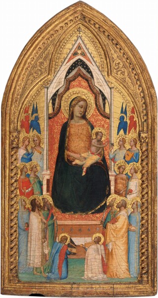 A woman cradling a baby boy sits on an arched throne, which is surrounded by twenty men, women, and winged angels against a glimmering gold background in this vertical painting. The panel on which it is painted comes to a pointed arch at the top, and a gold, carved, twisting column frames the scene to each side. Most the people have pale skin faintly tinged with green and all have bright gold, plate-like halos. The woman, Mary, wears a forest-green, gold-edged robe covering her head, shoulders, and body over a peach-colored dress, which is decorated with gold, geometric designs. She has wavy, strawberry-blond hair, a straight nose, wide, narrowed eyes, and her pink lips are closed. Her body faces us but she looks down and to our right, toward a pair of women on that side of the throne. The baby looks in the same direction, and has short, blond, curly hair, pudgy cheeks, a wide, bare chest, and scrawny arms. The fabric wrapped around his waist and legs shimmers from canary yellow to sky blue, and is crimson red on the underside. He reaches one arm across his body to our right, toward a small gray bird held by one of two women standing next to the throne. Those women and the others around the throne are smaller in scale than Mary. Their bodies face the throne, and most look up toward it. They all wear gold-trimmed robes in ultramarine blue, ruby red, emerald green, pale pink, fawn brown, ivory white, or golden yellow. Each person holds one object, including a palm frond, flute, ring, ointment jar, wooden cross, sword, lamb, or a book. One man, to our lower left, wears a furry garment under his robe and holds a red cross and a scroll. Another man, to our right, holds a book and a large, gold skeleton key. Even smaller in scale, two winged angels play instruments in the lower center, at the base of the throne. Finally, to each side of the throne, over the saints surrounding it, there are two pairs of two angels. In each of that final pair of angels, one is painted entirely in cobalt blue and the other entirely in scarlet red. Crimson-red fabric embellished with gold, stylized leaf patterns hangs behind Mary, on the throne.
