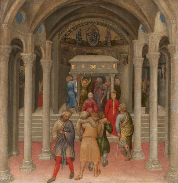 A dozen men and women approach or gather around a stone tomb in a church in this square painting. The people all have pale skin and wear robes in muted blue, sage green, apricot, dark pink, or vivid red. The rectangular tomb is supported on four columns, which are just taller than the people standing next to and under it. It sits in a curved apse, which is decorated with gold paintings or mosaics. In the quarter dome above, a person sits in an almond-shaped halo flanked by two people wearing royal blue and dark pink. Some of the scenes below and to the sides of the dome are hard to make out but one, to our left, shows a person wearing blue holding a baby, and another to our right is of a nearly nude person on a cross. Two people in front of the tomb raise hands to touch its bottom edge. Underneath the casket, one person supports another, who has swooned or fainted. A fifth person there peeks around the front, right column. Two women are on the six steps leading up to the tomb, and a man using a cane approaches from our right. His robes are pulled up over a red gash on his shin. At the bottom center of the picture, three men wearing knee-length tunics support each other, arms slung across each other’s shoulders. Another man carrying a crutch across one shoulder walks away from the tomb, to our left of this trio. Rows of tan stone columns topped by leafy capitals supporting vaulted arches comes toward us to either side of the tomb. One more person wearing monk’s robes is visible through the columns, near the right edge of the painting. The floor at the foot of the steps is petal pink.