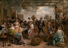 More than a dozen light-skinned men, women, and children eat, drink, talk, and make music around a dancing couple under an arbor in this horizontal painting. Most of the people are dressed in muted tones of green, gray, and black. The patio-like space is enclosed by a railing along the back and a half wall to our right. Sage-green vines and leaves covering the roof-like trellis hang down. Ten men and women sit or stand closely around a long table along the left, next to the exterior wall of a red brick building. A woman sitting in a wooden chair at the end of the table closest to us wears a flax-yellow gown with a wide white collar and a starched white cap. She smiles up at the child she braces in her lap. The child stands and holds a toy in both hands and looks over one shoulder to our right. The child wears a carrot-orange gown with a white pinafore. Two men lean out of open windows at the far end of the brick building, and the people along the table drink, smile, or look on as a man in the center leads a woman by the hand to an open spot under the arbor. He wears a charcoal-gray suit, and a muted pink cap is pulled low over his eyes. He has a long, hooked nose, and light glints off teeth in his smiling mouth. The woman is pulled behind the man, so she stands flat-footed to our left of him. She faces our right but turns to looks at us from the corners of her dark eyes. Her light brown hair is gathered at the back of her head under a pearl-lined covering. She wears a dusty rose-pink gown with a sheer black shawl around her shoulders and white apron at her waist. Beyond the back rail, a man smiles widely as he balances a covered basket containing a gray chicken with one hand on his head. Nearby, a boy on our side of the rail talks with a little girl across the railing, who smiles back. Two men and a woman wearing a black head covering talk a short distance away. Close to us, a man, woman, and child in the lower right corner sit near two young men perched on the half wall, one playing a violin and the other a flute. A gleaming pewter ewer, a wooden barrel with a square opening, a white pipe, a terracotta bowl, broken eggs, a spoon, and an overturned pail of flowers lie scattered across the foreground of the patio. The artist signed and dated the lower left, “JSteen. 1663,” with the J and S overlapping.