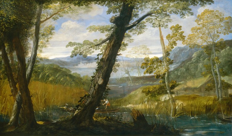 We look through shadowed trees at a river winding into the distance in this horizontal landscape painting. Close to us, a cluster of three thin trees and a larger central tree are deep in shadow, which contrasts with the light-filled scene beyond. The topaz-blue river curves from the lower right corner, across the canvas, and into the distance at the center. A few spindly trees grow along the riverbank in front of a hut with a thatched roof to our right. The bank to our left is lined with reeds and tall grasses. Behind the central shadowed tree, a long, low, narrow boat is occupied by four people with pale skin. To our left, a person with a dark garment and white collar reclines near a seated man wearing yellow and a feathered cap. To our right, another person reclines near the boatman who pushes the boat through the water using a long pole. The harvest yellow and sage green of the riverbanks and vegetation beyond the boats fades to hazy, pale blue mountains along the horizon line, which comes just over halfway up the composition. White clouds float across a blue sky above.