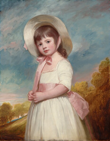 Shown from about the knees up, a young girl with pale skin and flushed cheeks stands in front of a landscape, looking at us in this vertical portrait painting. She stands with her body angled to our left, and she turns her face to us. Her chestnut-brown hair curls down the nape of her neck, and her bangs sweep across her forehead over slate-blue eyes. Her turned-up nose and pink bow mouth are set within in her round face. The girl’s smooth skin, her white dress, and her ivory-colored, wide-brimmed straw hat are brightly and evenly lit. Her flushed cheeks are echoed by the broad, petal-pink sash tied around her waist into a bow at her back and the matching ribbon of her hat, tied in a bow under her chin. A few streaks of pink also appear in the aquamarine-blue sky behind her. A hillside painted with tones of harvest gold and tawny brown slopes up from the lower left corner to the right edge of the canvas. The landscape is more loosely painted with lively brushstrokes.
