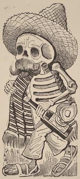 Printed with black lines on cream-white paper, a skeleton carrying a bottle and wearing a hat, striped scarf, pants, and sandals walks to our left in this vertical etching. Filling the composition, the skeleton has a walrus handlebar mustache and a goatee. His straw hat has a wide brim and a pointed crown. His scarf drapes over his right shoulder, farther from us. The skeleton holds the scarf in his right hand and an oversized black bottle with a cork in his left hand. The bottle has lettering on the label to read “AGUAR” and “DE PAR.” A few vertical lines around his sandals suggest grass.