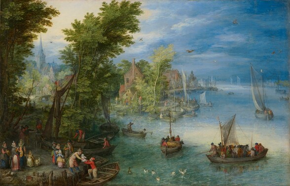 People gather under trees next to an expansive river dotted with boats in this horizontal landscape painting. The people are tiny in scale in the landscape, and they all have light skin. The softly rippling river takes up the right half of the composition. The water is bottle green closest to us, shifting to celestial blue in the distance. The water blends with the same color blue in the sky along the horizon, which comes halfway up the painting. Rowboats and sailboats line the shore along our left and float into the distance, some with sails tied up and others unfurled. In the lower right corner, a ferryboat filled with travelers, horses, and cattle approaches a landing on the lower left. At the landing, a boatman passes a baby to a man standing on the riverbank, while several ladies, a young girl, and a dog wait nearby. On the ground in front of this group is a basket, several packages, and dead fish. A second small group awaits passage just beyond the man receiving the baby. The women wear long dresses and hats or bonnets, and the men wear jackets, knee-length britches, stockings, and caps in shades of royal blue, petal pink, laurel green, ruby red, or white. A copse of trees with tall, slender canopies fills the left third of the composition. People walk along a path through the trees and work in and around boats along the riverbank. Farther back, a stone bridge crosses a stream, and beyond it, tan buildings cluster around a church spire seen through a break in the trees. Above the church, the sky is a pale cream color, and the light streams down to highlight the bridge, buildings, and the water. Birds sit in the trees and fly overhead, while waterfowl gather by the landing, near the lower left. The painting is signed and dated in the lower left: “BRVEGHEL 1607.”