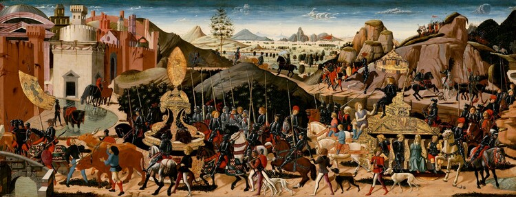 Winding from our right to left, a procession of dozens of people, mostly men and many in black and gray armor on foot and horseback, weaves through rocky hills to the gates of a city in this long, horizontal painting. The people we can see have light skin, and they are small in scale against the landscape. Throughout the procession, dogs nip at the heels of horses that walk, rear, or buck. Many of the armored men carry tall spears. The men not wearing armor mostly wear crimson-red robes over black stockings or short black tunics over stockings with one white leg and one mauve-pink leg. To our right, a man wearing black armor and a black wreath around his blond hair rides a gold throne on a large, gold platform being pulled by two cream-white horses. A gold canopy hangs over his head. Facing our left in profile, he points a scepter down at a person sitting in front of him, lower down on the base. That person wears a simple, lilac-purple tunic and slouching, denim-blue boots as he turns and looks up at the crowned man, hands raised. Three men and one woman sit in alcoves on the side of the base facing us with their hands behind their backs. The men wear black armor while the woman wears a muted sea-green dress. The letters “SPQR” are written in gold across the chest of a rider to our right. The procession in front of the throne passes around a tall golden structure like a fountain. At the top of that structure, a woman surrounded by gold rays to create an ellipse. The soldiers at the front of the procession cross a short, arched bridge leading into the city, and one rider carries a gold banner with a stylized, splayed black bird. Towers and domes in shades of cream, coral, and pink peek above the crenelated city wall. To our right, the landscape beyond the procession is dotted with trees leading to rocky mountains in the deep distance. The horizon line comes four-fifths of the way up the composition. A few wispy white clouds float across a sky that deepens from white along the horizon to lapis blue across the top edge of the panel.