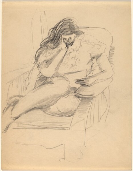 Woman Curled Up in Large Chair, Reading