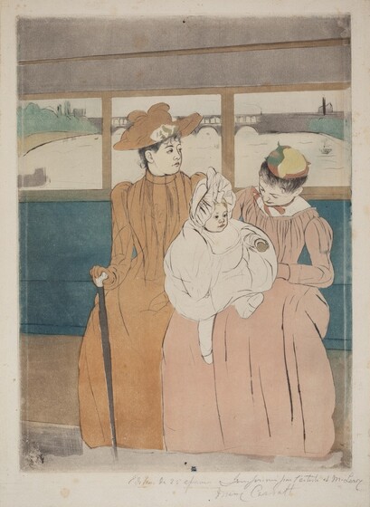 Two women, one holding a baby on her lap, sit on the long bench seat of an omnibus in this vertical, colored print. The women and their full skirts take up almost the width of the composition against the peacock-blue bench, which extends off both sides. The women and baby’s skin are the color of the cream-white paper. The woman to our left wears a tan-colored, high-collared dress, gloves, and hat. She looks off to our right, almost in profile. She has a round face and the hint of a double chin. One gloved hand rests on a cane. The other woman holds the baby and tips her head down toward the child. That second woman wears a tea rose-pink dress and a hat with areas of darker pink, fern green, and straw yellow. Both women’s black hair is pulled up under their hats. The baby’s ruffled white bonnet, blousy garment, stockings, and shoes are also the white of the paper, though the hair is picked out with yellow, the lips with pink, and the ball held in one hand with brown. The structure of the women’s bodices, puffy long sleeves, and long skirts as well as the baby’s clothing are outlined in black. A row of windows behind them, parallel to the top of the bench, open onto an arched bridge spanning a river with boats. To our left, the sandy water’s edge is lined with spruce green trees. Back inside, the panel behind the women’s legs is peanut brown, and the top of the omnibus is muted mauve purple. A mark with an oval, or a mirrored C, over an uppercase M, is stamped in royal blue at the bottom center of the print. The sheet is inscribed with graphite across the right half of the bottom margin. Text reads, “Edition de 25 épreuves Imprimée par l’artiste et M. Leroy Mary Cassatt.