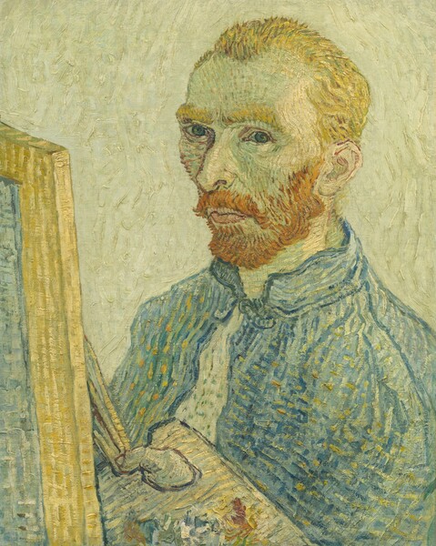 Shown from this chest up, a man holding a paint palette and brushes angles to our left toward an easel in this vertical painting. The portrait is loosely painted with short strokes and visible dashes in cool, green-edged yellow and blue. The man looks at or toward us from the corners of his electric-blue eyes, which are deep-set under bushy blond eyebrows. He has a bumped nose, high cheekbones, and a narrow chin. A ginger-orange mustache and beard frame his pale pink lips, which are closed. He also has short-cropped blond hair. His face is painted with strokes on mint green and straw yellow, and his features are outlined in plum purple. His high-necked blue smock fastens at his throat over a white garment. The topaz and steel-blue strokes of the smock are overlaid with horizontal, harvest-yellow dashes. The man’s thumb pokes through the rectangular palette he holds in his left hand, closer to us. Daubs of yellow, red, blue, red, and white are smeared on the palette. The edge of the canvas on which the man works angles in from the left edge of the composition. The background is painted thickly with pale celery green.