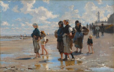 Four women and two children, all with pale skin, carry baskets as they walk along a beach under a brilliant blue sky in this horizontal painting. The scene is painted with visible dabs and blended strokes. The women all wear long-sleeved shirts, calf-length skirts and aprons, head coverings, and gray clogs. The group walks to our left, amid shallow pools that reflect the topaz-blue sky. At the front of the group, to our left, a young woman wears a white kerchief tied at the back of her neck, under her blond hair. She wears a navy-blue shirt and a gray skirt, and she carries a shallow, woven, straw basket against her left hip, closer to us. On her other side, a barefoot child walks beside her. The child wears a white, long-sleeved shirt tucked into tan-colored shorts and a wide-brimmed, golden yellow hat. He holds a basket at the small of his back. To our right, near the center of the composition, a pair of women walk with their heads tipped toward each other. The woman closer to us has bright, copper-blond hair under a white bonnet tied under her chin. A black shawl crosses over her white shirt, and black coverings are pulled up over the forearms of her white shirt. Her beige apron mostly obscures her crimson-red skirt. Wearing dark stockings, she is the only woman whose shins are not bare. The woman next to her, farther from us, wears a dark gray head covering and skirt, and a navy-blue shirt. The chin straps on the bonnets of both of these women flutter in the breeze. Behind that pair, to our right, and older woman also wears a black shawl and sleeve protectors over a white shirt. Her apron is aquamarine blue and she lifts it over a brown skirt. She has stopped to gaze down at the second child, standing next to her. Sunlight sets the child’s blond hair aglow as he reaches down to tug at the leg of his dark gray shorts. He wears a teal-blue, long-sleeved shirt and is also barefoot. Touches of white paint on the beach around the group makes the sand seem to shimmer. More people approach the beach from the upper right corner, where the dune leads back to a lighthouse. The structure is a hazy, slate-gray silhouette against the bright white clouds in the vivid blue sky above. The beach slopes down to our left into the distance, where sailboats and people are suggested with a few swipes of paint. The artist signed and dated the painting in the lower right corner, “John S. Sargent. Paris 1878.”